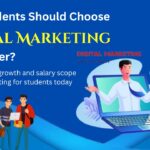 Students learning digital marketing as a career with social media icons and growth graph