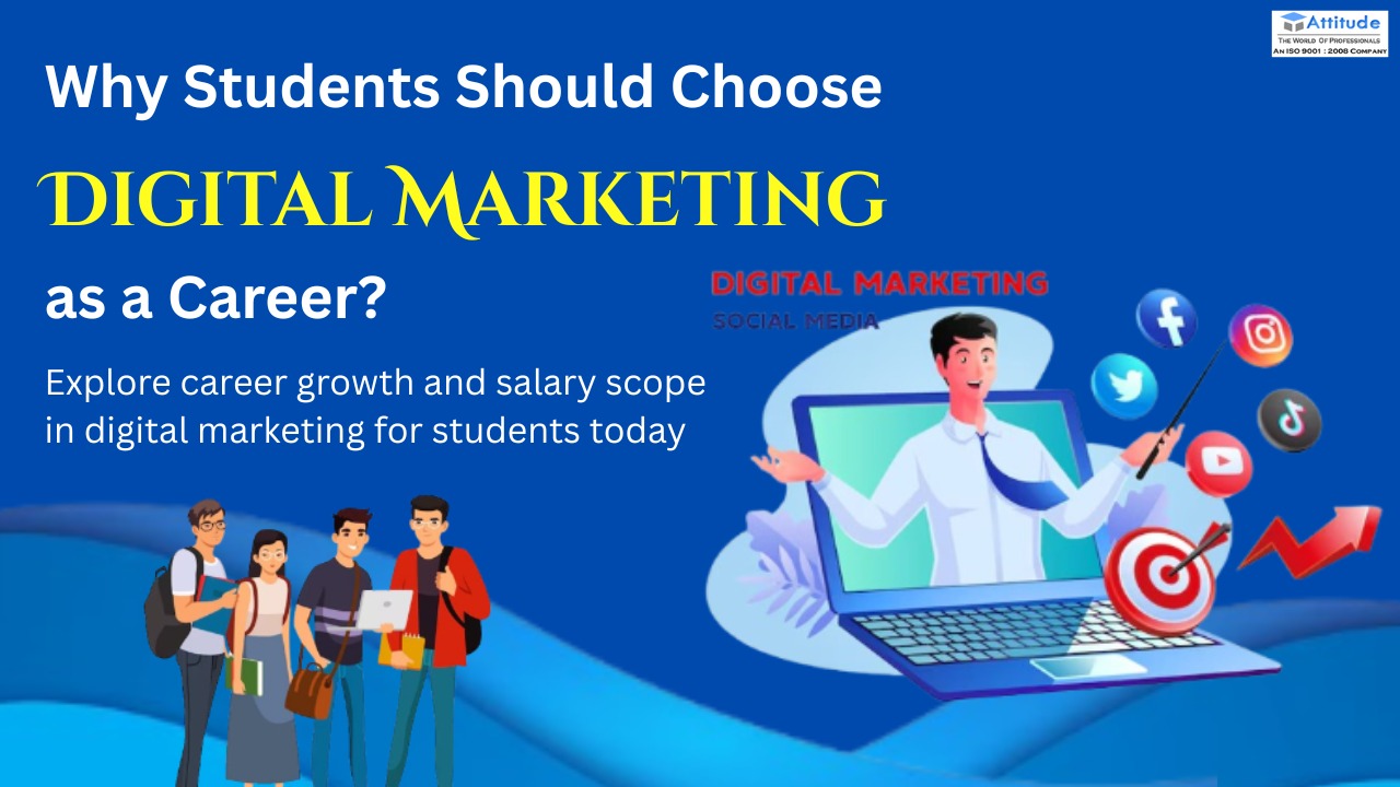 Students learning digital marketing as a career with social media icons and growth graph