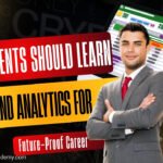 Professional student standing confidently with data analytics chart showcasing the importance of learning MIS and Data Analytics for a future-proof career.