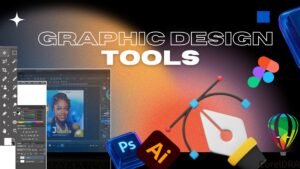 Graphic design tools including Photoshop, Illustrator, CorelDRAW, and Figma icons with a designer editing a photo on a laptop screen.”