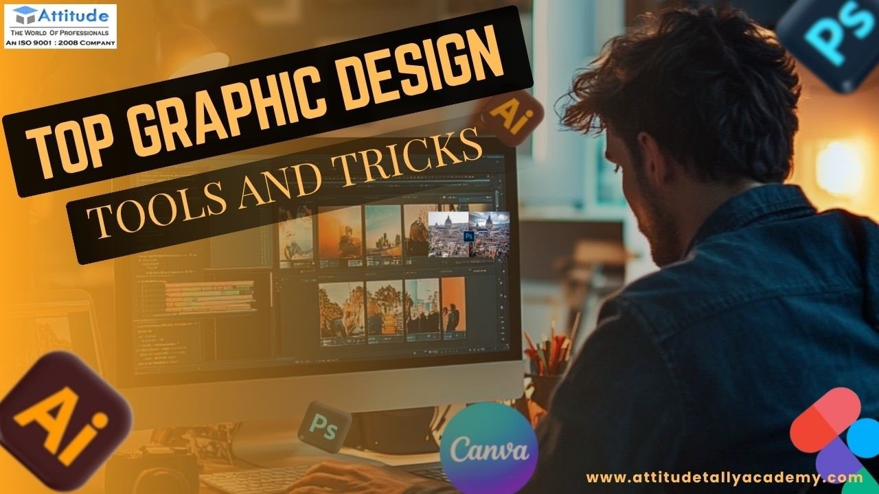 Student learning top graphic design tools and tricks using Photoshop, Illustrator, and Canva at Attitude Academy — best Graphic Designing Institute in Yamuna Vihar, Uttam Nagar & Delhi.