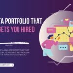 “Illustration of professionals analyzing data charts and building a data analytics portfolio that helps in getting hired, Attitude Academy branding.”