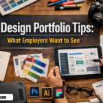 Design portfolio tips showing what employers want to see in a graphic design portfolio including UI designs, color palettes, Adobe tools, and creative layouts
