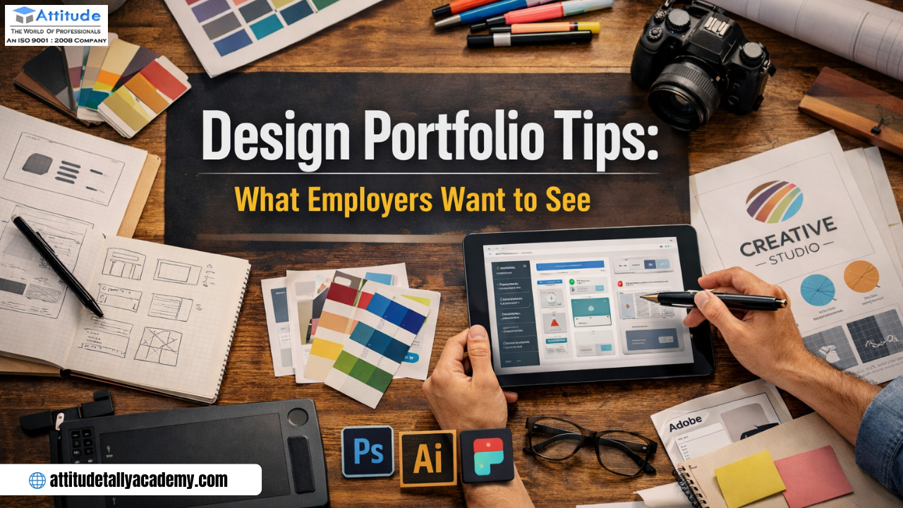 Design portfolio tips showing what employers want to see in a graphic design portfolio including UI designs, color palettes, Adobe tools, and creative layouts