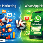 Mobile marketing vs WhatsApp marketing comparison showing SMS, app promotions and WhatsApp business messaging strategies for digital marketing growth