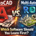 AutoCAD vs Multi-Autodesk comparison showing drafting tools, 3D models, and design software used by students