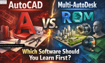 AutoCAD vs Multi-Autodesk comparison showing drafting tools, 3D models, and design software used by students