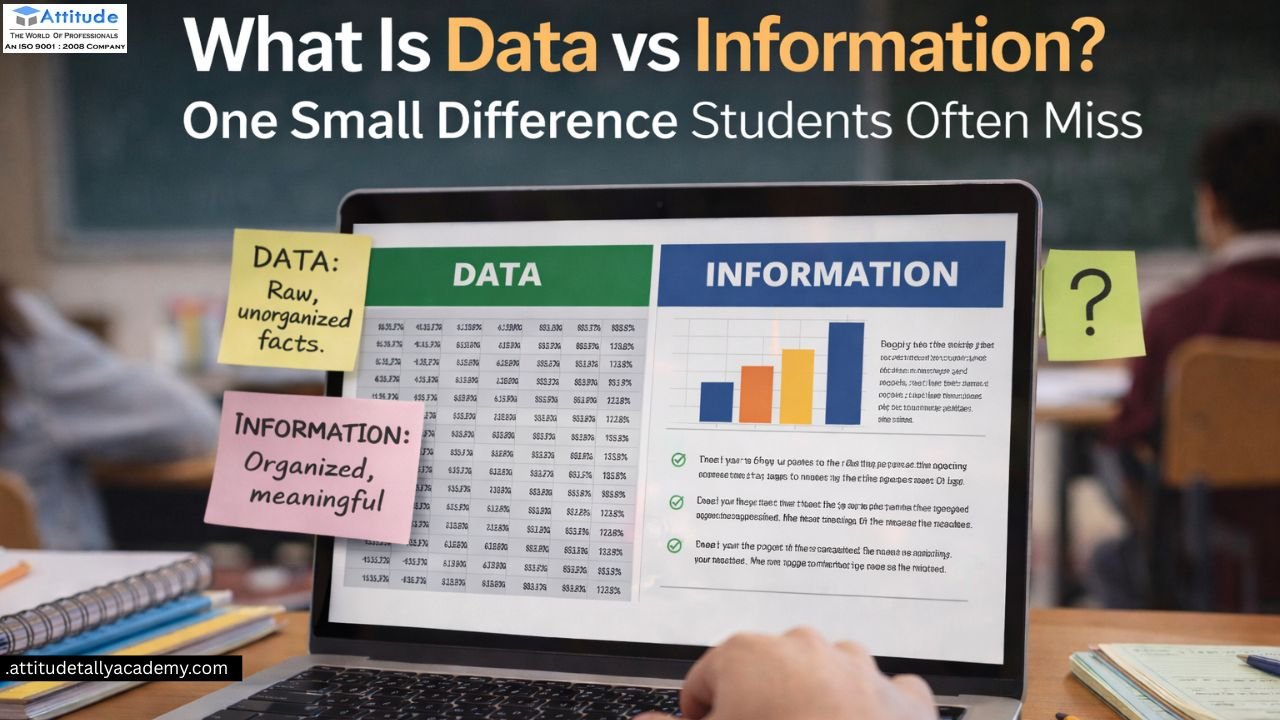 Data vs information explained with raw data table and processed information chart for student learning