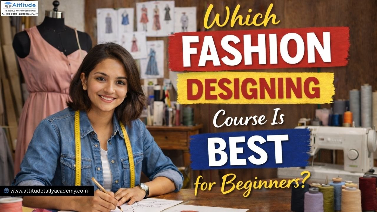 A beginner learning fashion designing by sketching dress designs in a professional fashion studio