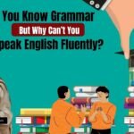 Student learning English grammar but struggling to speak English fluently illustrated with books and communication concept