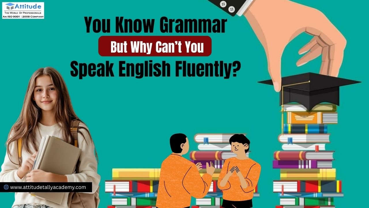 Student learning English grammar but struggling to speak English fluently illustrated with books and communication concept