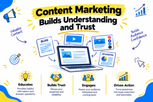Content marketing infographic showing how valuable content builds audience understanding and trust through blogs, videos, social media, and infographics.