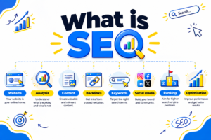 “SEO infographic explaining website, analysis, content, backlinks, keywords, social media, ranking, and optimization.”