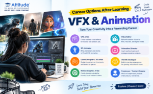 VFX and animation career options in Yamuna Vihar showing roles like VFX artist, animator and video editor