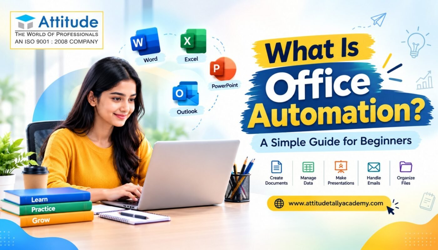 office automation course in Yamuna Vihar banner showing student using laptop with MS Word, Excel, PowerPoint and Outlook tools for beginners