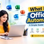 office automation course in Yamuna Vihar banner showing student using laptop with MS Word, Excel, PowerPoint and Outlook tools for beginners
