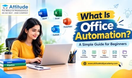 office automation course in Yamuna Vihar banner showing student using laptop with MS Word, Excel, PowerPoint and Outlook tools for beginners