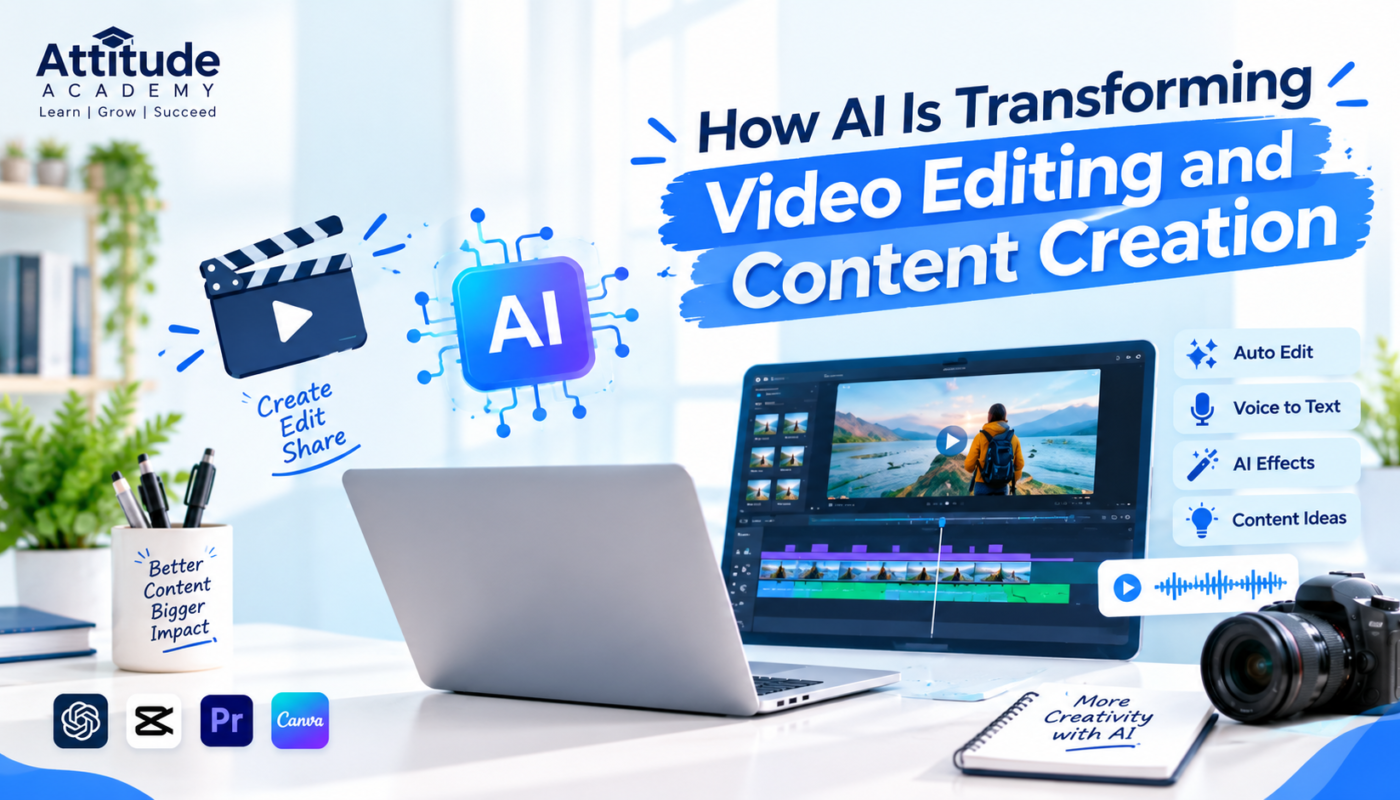 AI transforming video editing and content creation with a student using a laptop and AI-powered video editing tools.