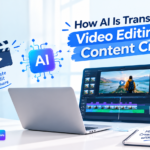 AI transforming video editing and content creation with a student using a laptop and AI-powered video editing tools.